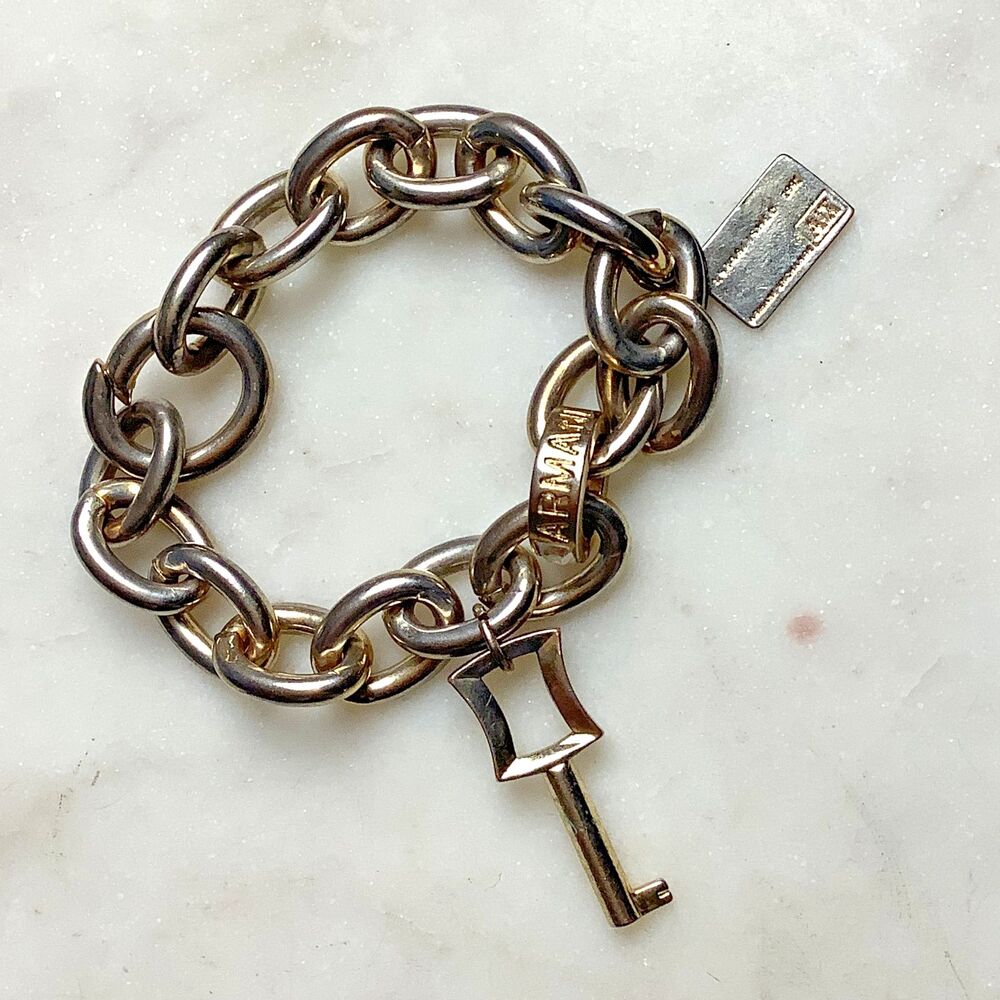 Armani Exchange AX Charm Bracelet Gold Tone Rhinestone Logo Key Charms Y2K Vtg